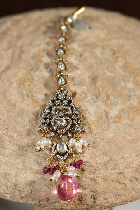 Amaara Jewels_Multi Color Pearls, Stones Antique Gold Navratna Polki Necklace Set _at_Aza_Fashions