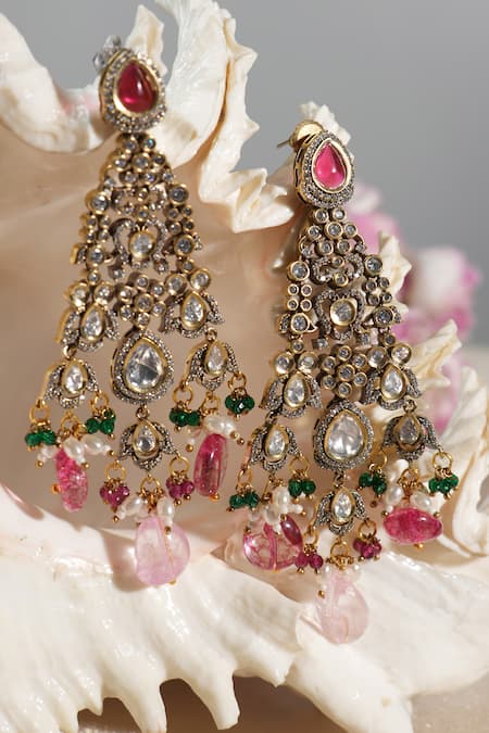 Shop_Amaara Jewels_Multi Color Pearls, Stones Antique Gold Navratna Polki Necklace Set _at_Aza_Fashions