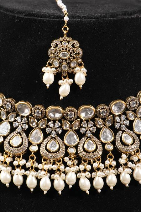 Buy_Amaara Jewels_Gold Plated Pearls And White Moissanite Choker Set _Online_at_Aza_Fashions