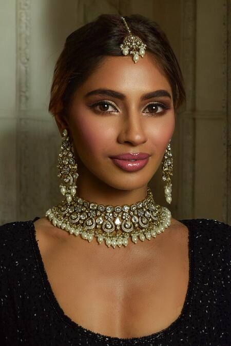 Amaara Jewels_Gold Plated Pearls And White Moissanite Choker Set _at_Aza_Fashions