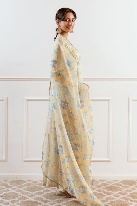 Rivaaj Clothing_Yellow Modal Sequins, Zari V-neck Geometric Stripe Anarkali Set _Online_at_Aza_Fashions