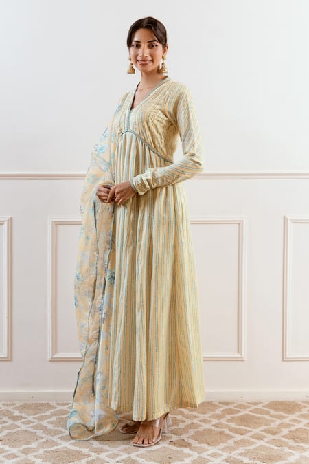 Buy_Rivaaj Clothing_Yellow Modal Sequins, Zari V-neck Geometric Stripe Anarkali Set _Online_at_Aza_Fashions