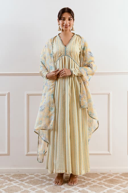 Shop_Rivaaj Clothing_Yellow Modal Sequins, Zari V-neck Geometric Stripe Anarkali Set _Online_at_Aza_Fashions