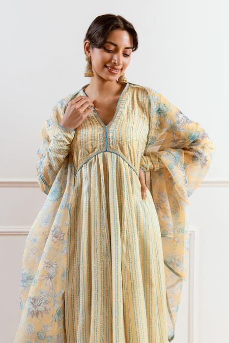 Rivaaj Clothing_Yellow Modal Sequins, Zari V-neck Geometric Stripe Anarkali Set _at_Aza_Fashions