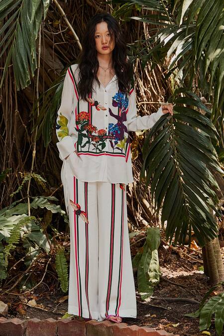 Nautanky_White Crepe Embroidery Collared Iceland Duet Printed Shirt And Pant Co-ord Set _Online_at_Aza_Fashions