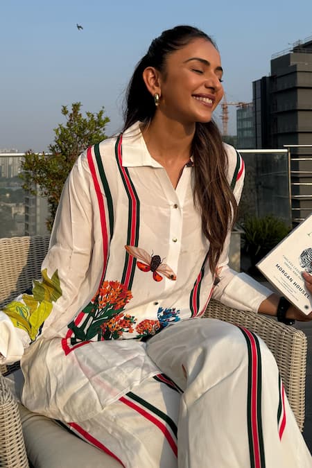 Buy_Nautanky_White Crepe Embroidery Collared Iceland Duet Printed Shirt And Pant Co-ord Set 