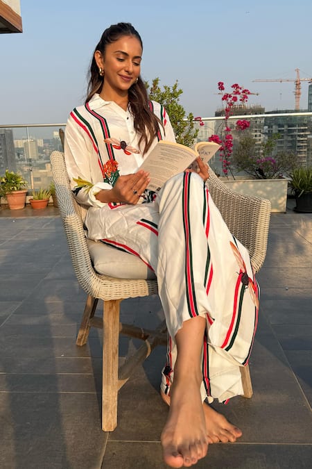 Shop_Nautanky_White Crepe Embroidery Collared Iceland Duet Printed Shirt And Pant Co-ord Set 