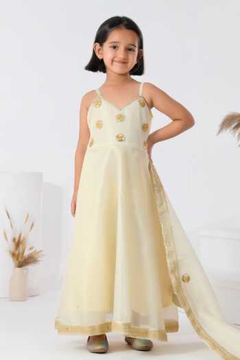 Shop_Bannhi By Priyanka Rathore_Ivory Silk, Denim Sequins Floral Embroidered Anarkali Set _Online_at_Aza_Fashions
