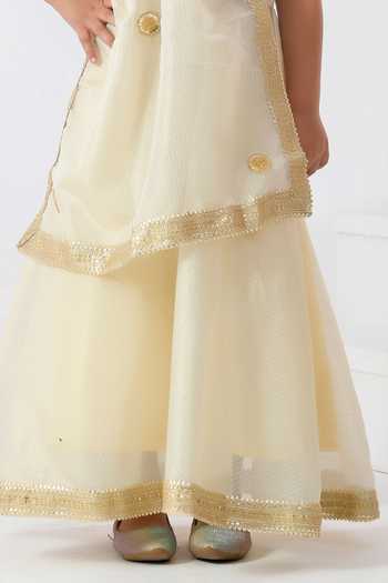 Bannhi By Priyanka Rathore_Ivory Silk, Denim Sequins Floral Embroidered Anarkali Set _at_Aza_Fashions
