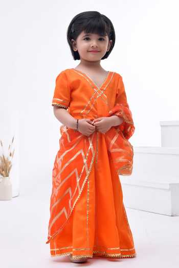 Shop_Bannhi By Priyanka Rathore_Orange Organza, Cotton, Silk Gota Patti, Zari Embellished Anarkali And Dupatta Set _Online_at_Aza_Fashions