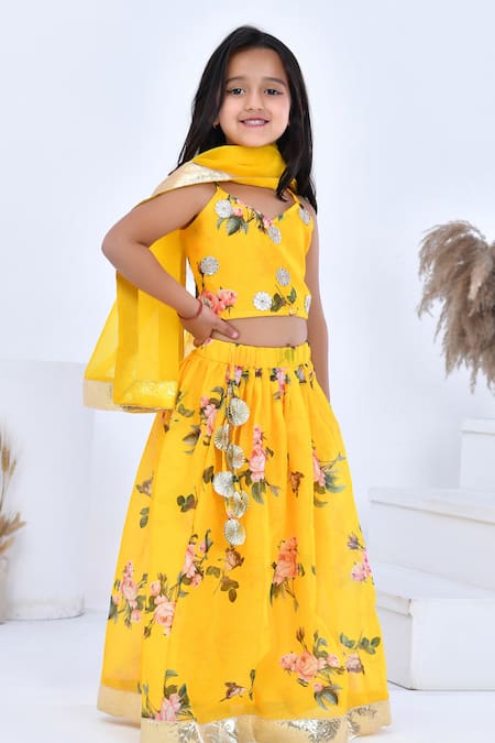 Bannhi By Priyanka Rathore Yellow Organza, Chanderi Gota Patti, Embroidery Floral Printed Lehenga Set 