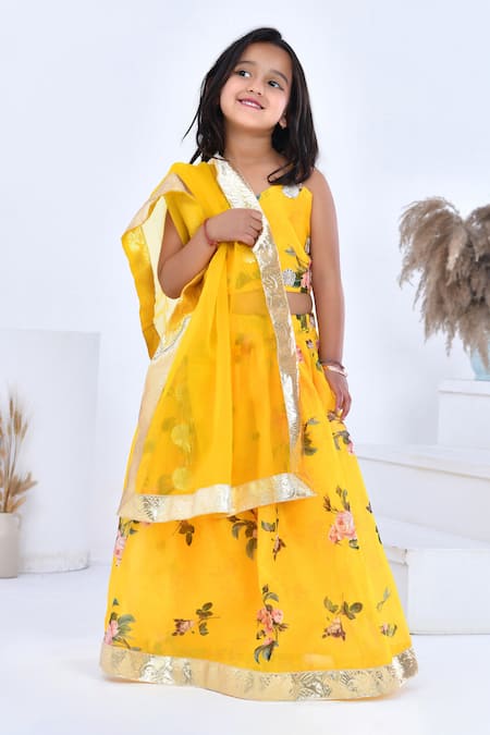 Bannhi By Priyanka Rathore_Yellow Organza, Chanderi Gota Patti, Embroidery Floral Printed Lehenga Set _Online_at_Aza_Fashions