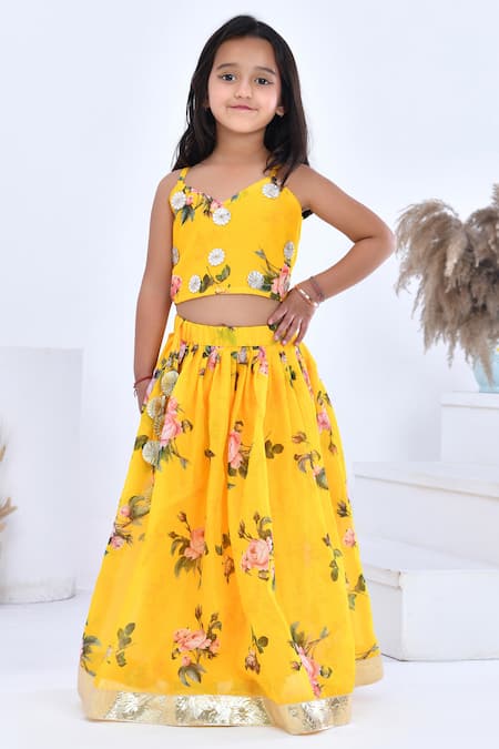 Buy_Bannhi By Priyanka Rathore_Yellow Organza, Chanderi Gota Patti, Embroidery Floral Printed Lehenga Set _Online_at_Aza_Fashions
