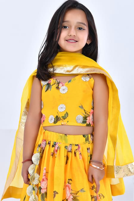 Bannhi By Priyanka Rathore_Yellow Organza, Chanderi Gota Patti, Embroidery Floral Printed Lehenga Set _at_Aza_Fashions