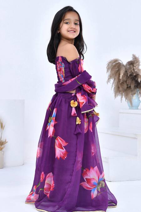 Bannhi By Priyanka Rathore_Purple Chiffon Gota Patti, Tassels Blossom Print Lehenga Set _Online_at_Aza_Fashions