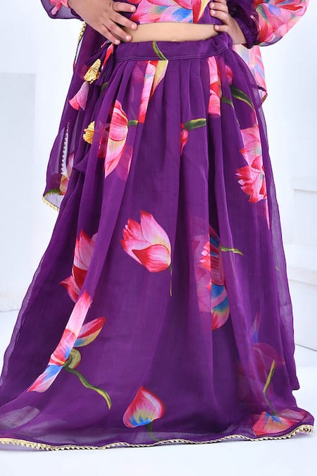 Buy_Bannhi By Priyanka Rathore_Purple Chiffon Gota Patti, Tassels Blossom Print Lehenga Set _Online_at_Aza_Fashions