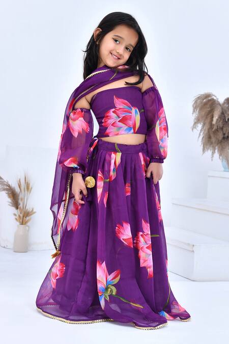 Shop_Bannhi By Priyanka Rathore_Purple Chiffon Gota Patti, Tassels Blossom Print Lehenga Set _Online_at_Aza_Fashions