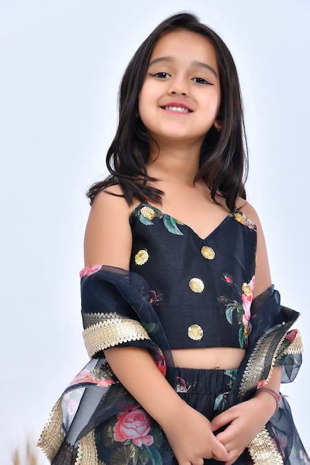 Buy_Bannhi By Priyanka Rathore_Black Organza, Chanderi Gota Patti Bloom Print Lehenga Set _Online_at_Aza_Fashions
