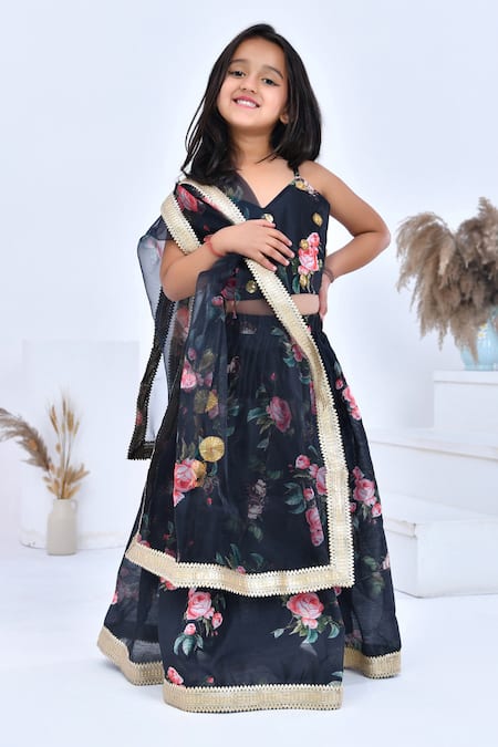 Shop_Bannhi By Priyanka Rathore_Black Organza, Chanderi Gota Patti Bloom Print Lehenga Set _Online_at_Aza_Fashions