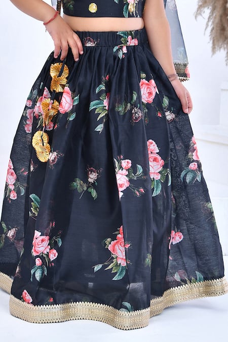 Bannhi By Priyanka Rathore_Black Organza, Chanderi Gota Patti Bloom Print Lehenga Set _at_Aza_Fashions