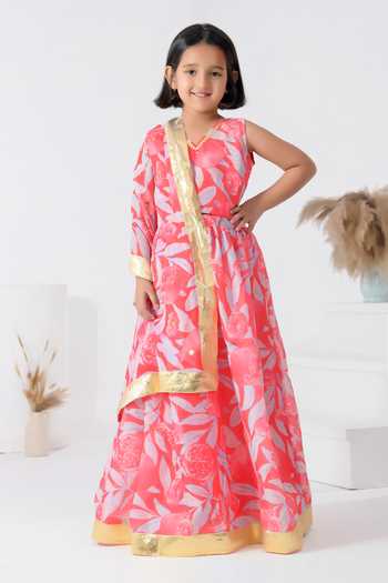 Buy_Bannhi By Priyanka Rathore_Pink Chanderi Gota Patti Botanical Print Lehenga Set _Online_at_Aza_Fashions