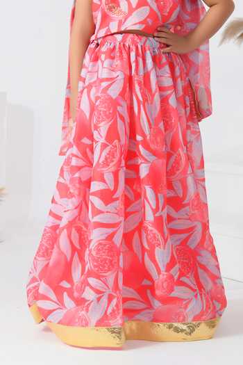 Bannhi By Priyanka Rathore_Pink Chanderi Gota Patti Botanical Print Lehenga Set _at_Aza_Fashions