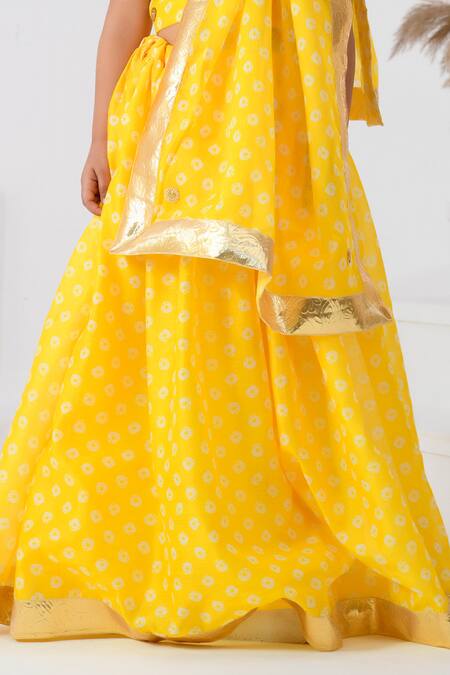 Shop Bannhi By Priyanka Rathore Yellow Chanderi Gota Patti Bandhani Print Lehenga Set Online at Aza Fashions Shop_Bannhi By Priyanka Rathore_Yellow Chanderi Gota Patti Bandhani Print Lehenga Set _Online_at_Aza_Fashions