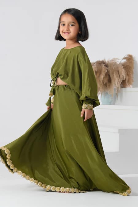 Shop_Bannhi By Priyanka Rathore_Green Crepe Embroidery Floral Embellished Hem Lehenga And Blouse _Online_at_Aza_Fashions