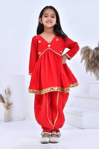 Bannhi By Priyanka Rathore_Red Chanderi, Lurex Gota Patti Embellished Kurta Dhoti Pant Set _Online_at_Aza_Fashions