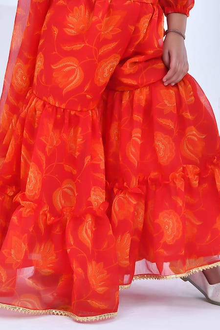 Shop_Bannhi By Priyanka Rathore_Orange Chiffon Sequins Embellished Blossom Print Pre-draped Saree _Online_at_Aza_Fashions
