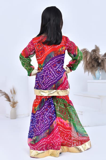Shop_Bannhi By Priyanka Rathore_Multi Color Chiffon Gota Patti Bandhani Print Kurta Sharara Set _at_Aza_Fashions