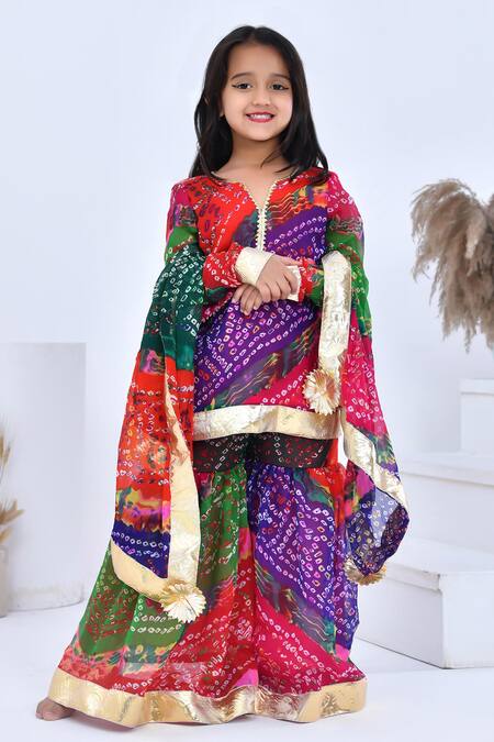 Bannhi By Priyanka Rathore_Multi Color Chiffon Gota Patti Bandhani Print Kurta Sharara Set _Online_at_Aza_Fashions
