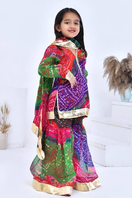 Buy_Bannhi By Priyanka Rathore_Multi Color Chiffon Gota Patti Bandhani Print Kurta Sharara Set _Online_at_Aza_Fashions
