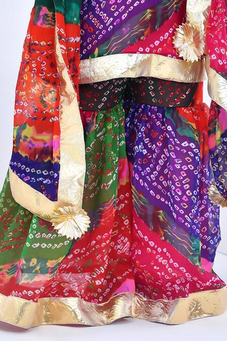 Shop Bannhi By Priyanka Rathore Multi Color Chiffon Gota Patti Bandhani Print Kurta Sharara Set Online at Aza Fashions Shop_Bannhi By Priyanka Rathore_Multi Color Chiffon Gota Patti Bandhani Print Kurta Sharara Set _Online_at_Aza_Fashions