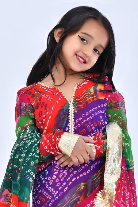 Bannhi By Priyanka Rathore_Multi Color Chiffon Gota Patti Bandhani Print Kurta Sharara Set _at_Aza_Fashions