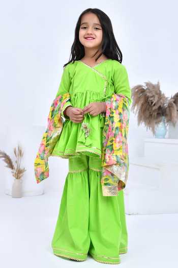 Shop_Bannhi By Priyanka Rathore_Multi Color Cotton, Chiffon Gota Patti Embellished Angarkha Set _Online_at_Aza_Fashions