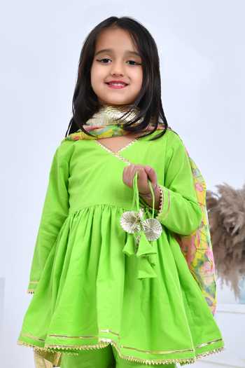 Bannhi By Priyanka Rathore_Multi Color Cotton, Chiffon Gota Patti Embellished Angarkha Set _at_Aza_Fashions