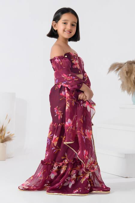 Bannhi By Priyanka Rathore_Purple Chiffon Gota Patti Embellished Blossom Print Sharara Set _Online_at_Aza_Fashions