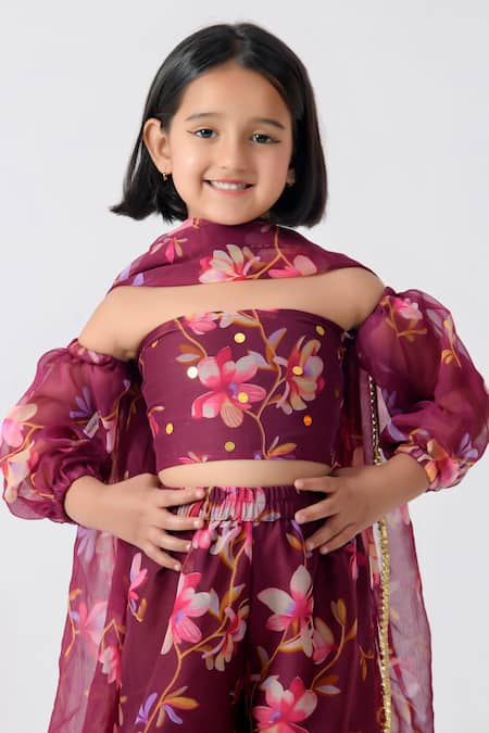 Buy_Bannhi By Priyanka Rathore_Purple Chiffon Gota Patti Embellished Blossom Print Sharara Set _Online_at_Aza_Fashions