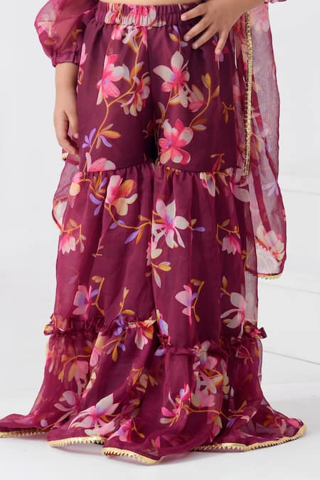 Shop_Bannhi By Priyanka Rathore_Purple Chiffon Gota Patti Embellished Blossom Print Sharara Set _Online_at_Aza_Fashions