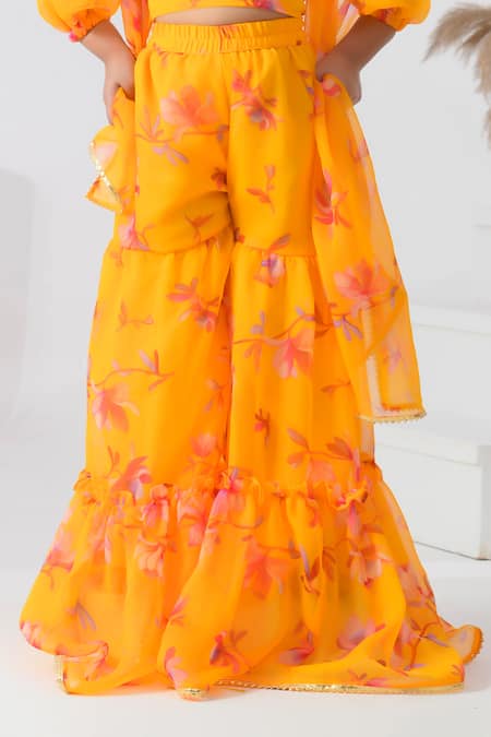 Bannhi By Priyanka Rathore_Yellow Chiffon Gota Patti Bloom Print Sharara Set _Online_at_Aza_Fashions