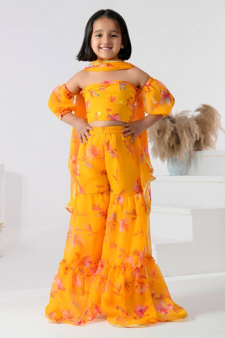 Buy_Bannhi By Priyanka Rathore_Yellow Chiffon Gota Patti Bloom Print Sharara Set _Online_at_Aza_Fashions