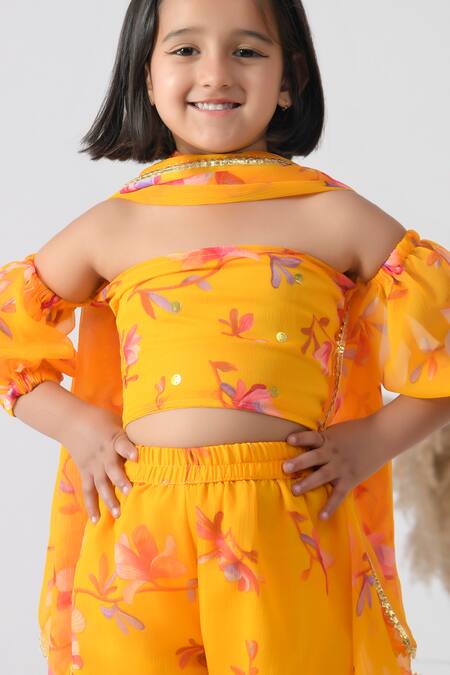 Shop_Bannhi By Priyanka Rathore_Yellow Chiffon Gota Patti Bloom Print Sharara Set _Online_at_Aza_Fashions