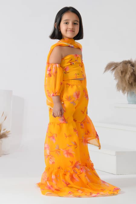 Bannhi By Priyanka Rathore_Yellow Chiffon Gota Patti Bloom Print Sharara Set _at_Aza_Fashions