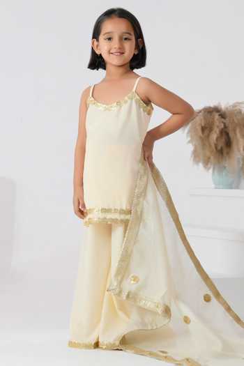 Shop_Bannhi By Priyanka Rathore_Ivory Crepe, Chiffon Gota Patti, Sequins Floral Embellished Kurta Set _Online_at_Aza_Fashions