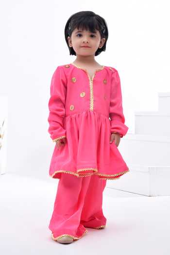 Buy_Bannhi By Priyanka Rathore_Pink Crepe Gota Patti Embellished Kurta Sharara Set _Online_at_Aza_Fashions