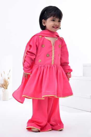 Shop_Bannhi By Priyanka Rathore_Pink Crepe Gota Patti Embellished Kurta Sharara Set _Online_at_Aza_Fashions