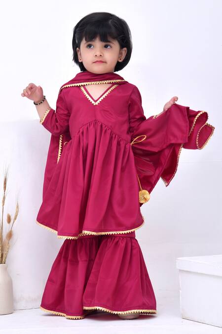 Shop_Bannhi By Priyanka Rathore_Magenta Crepe Gota Patti Embellished Kurta Sharara Set _Online_at_Aza_Fashions