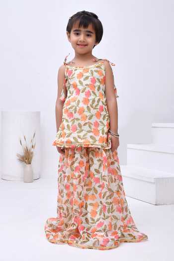 Bannhi By Priyanka Rathore_Off White Chiffon Gota Patti Blossom Print Kurta Sharara Set _Online_at_Aza_Fashions