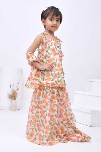 Shop_Bannhi By Priyanka Rathore_Off White Chiffon Gota Patti Blossom Print Kurta Sharara Set _Online_at_Aza_Fashions